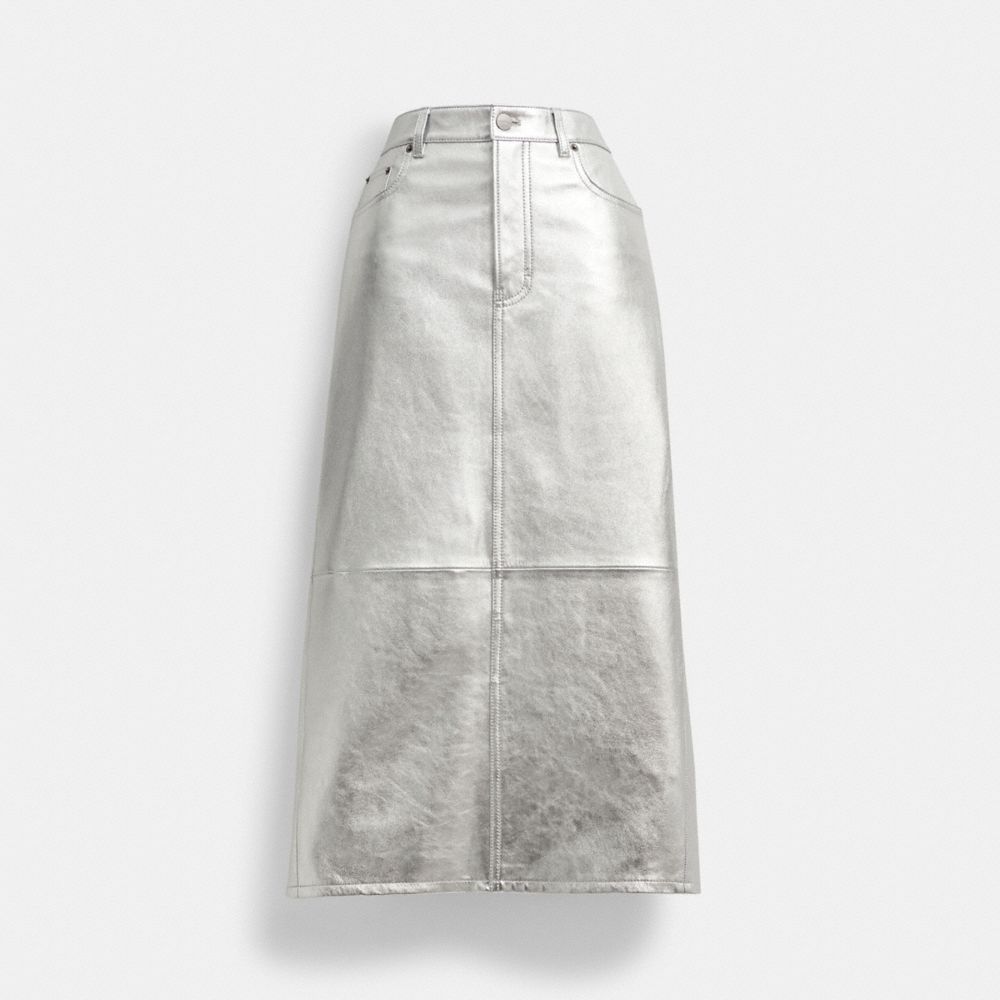 COACH®,LEATHER LONG SKIRT IN SILVER METALLIC,Silver,Front View