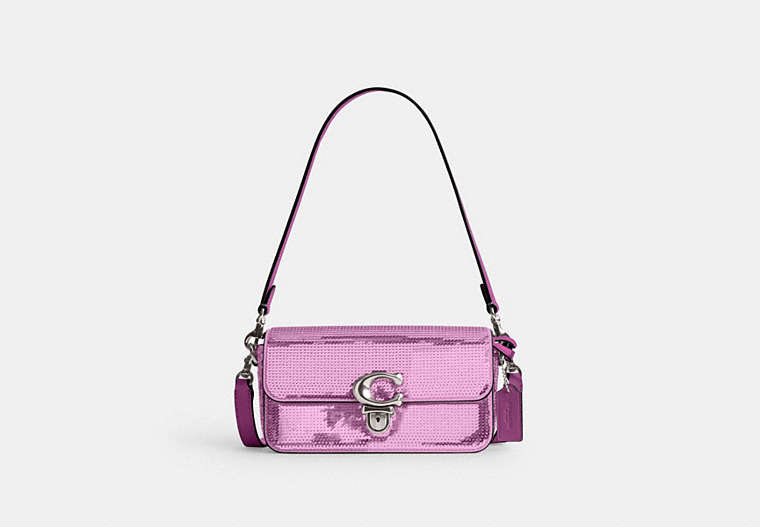 COACH®,STUDIO BAGUETTE BAG WITH SEQUINS,Calf Leather,Silver/Dark Magenta,Front View