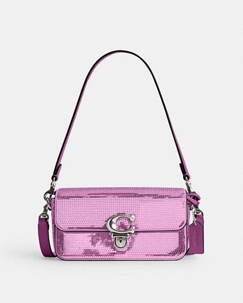 COACH®,STUDIO BAGUETTE BAG WITH SEQUINS,Calf Leather,Silver/Dark Magenta,Front View