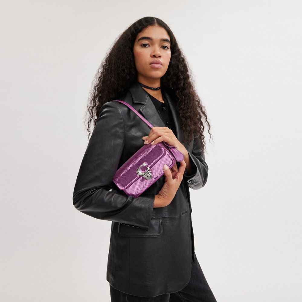 COACH®,Studio Bag 20 With Sequins,Leather,Shoulder Bag,Logo,Metal,Embellished,Sequin,Pen Holder,Silver Metal,Day Party,Pink,Detail View