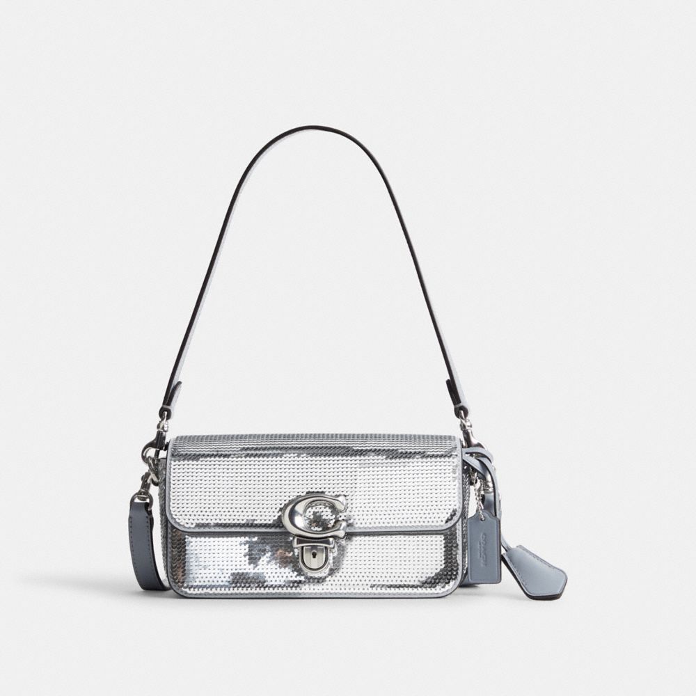 COACH®,STUDIO BAGUETTE BAG WITH SEQUINS,Calf Leather,Mini,Silver/Silver,Front View