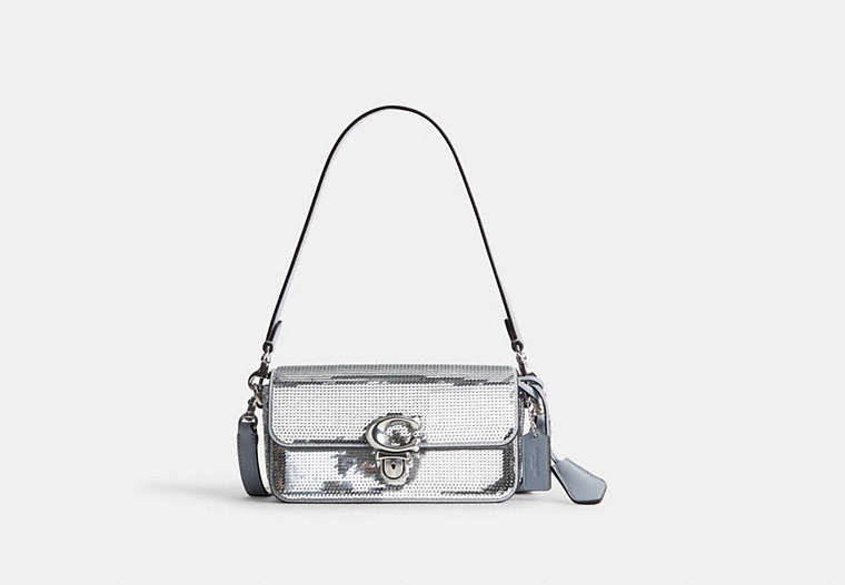 COACH®,STUDIO BAGUETTE BAG WITH SEQUINS,Calf Leather,Mini,Silver/Silver,Front View
