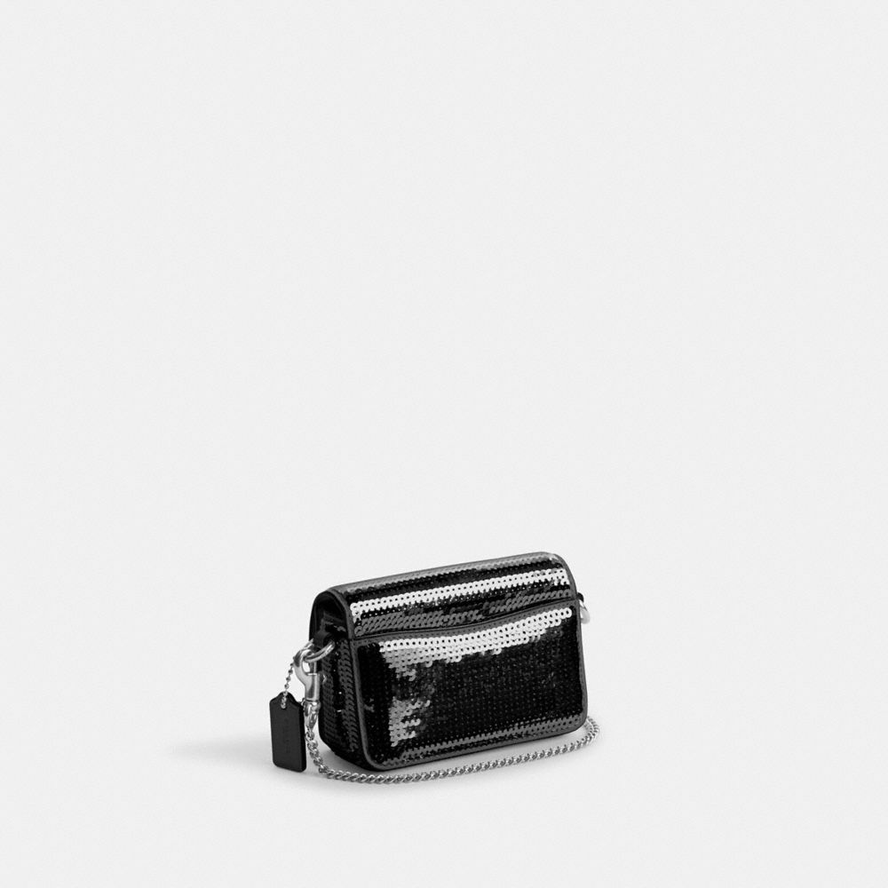 COACH®,Studio Bag 12 With Sequins,Calfskin Leather,Crossbody,Logo,Metal,Embellished,Sequin,Pen Holder,Silver Metal,Party,Black,Angle View