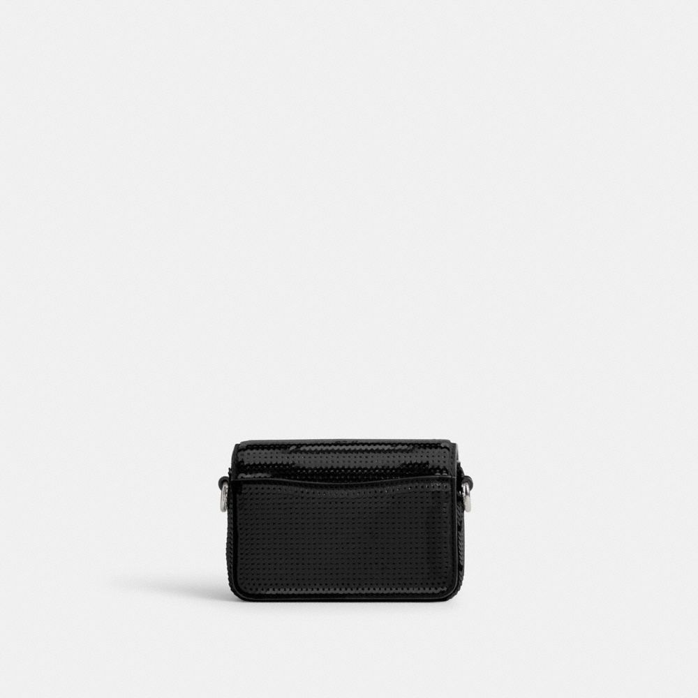 COACH®,Studio Bag 12 With Sequins,Calfskin Leather,Crossbody,Logo,Metal,Embellished,Sequin,Pen Holder,Silver Metal,Party,Black,Back View
