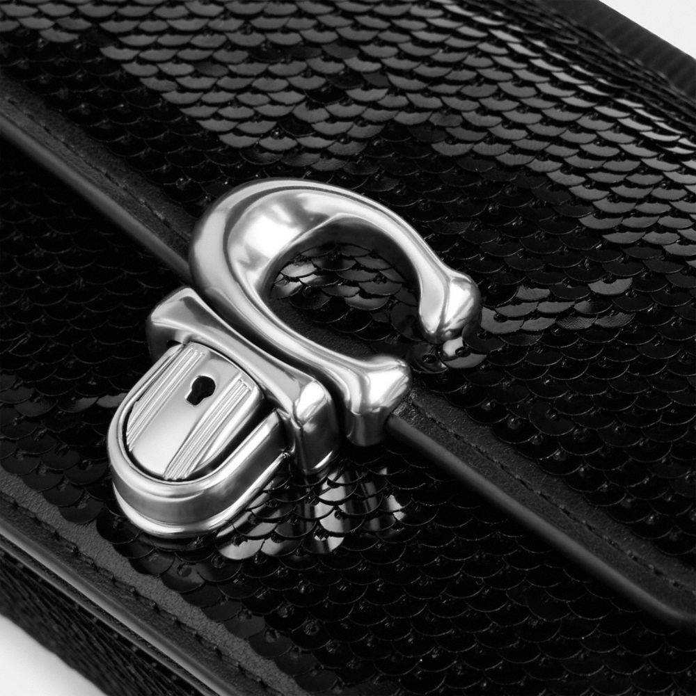 COACH®,Studio Bag 12 With Sequins,Calfskin Leather,Crossbody,Logo,Metal,Embellished,Sequin,Pen Holder,Silver Metal,Party,Black,Closer View