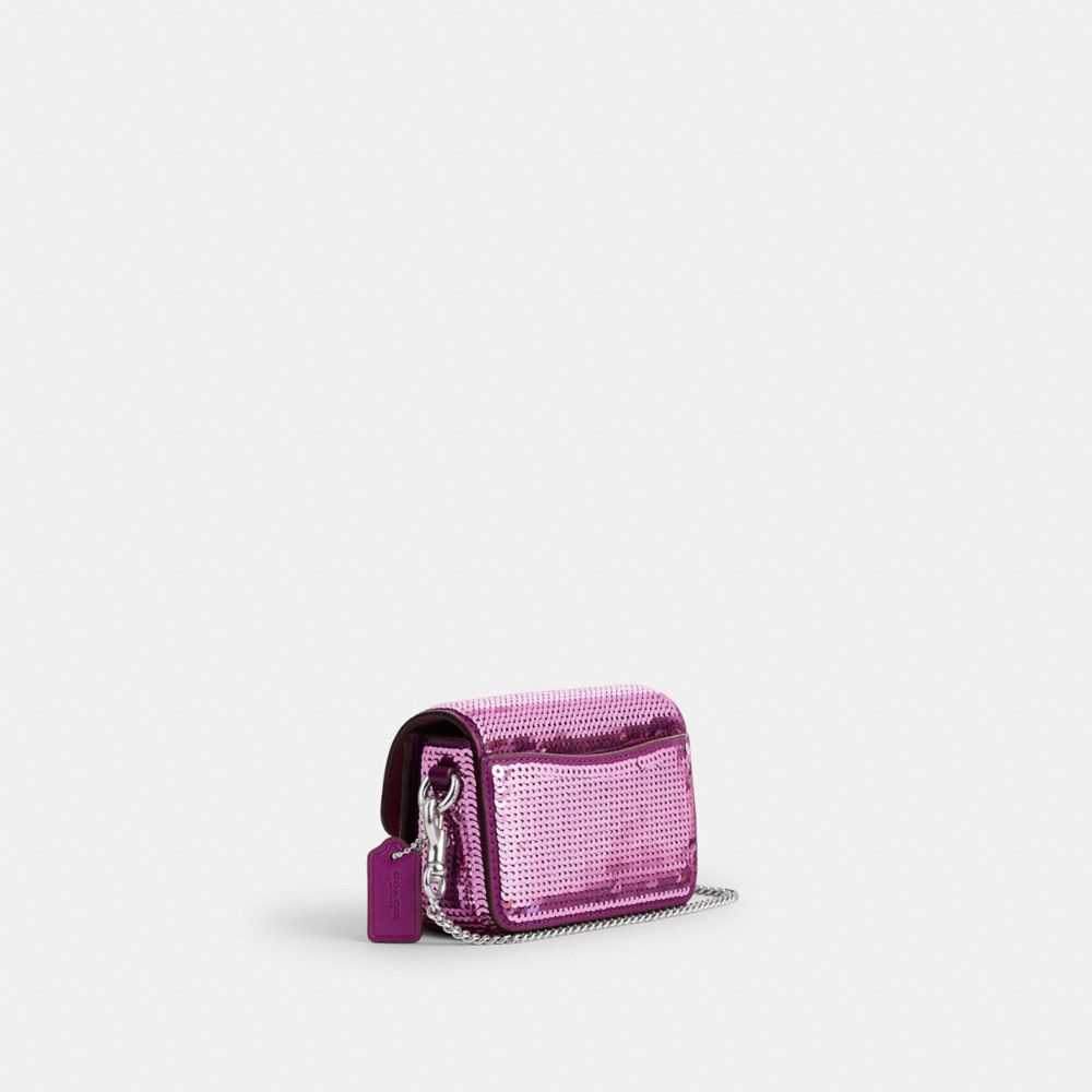 COACH®,Studio Bag 12 With Sequins,Calfskin Leather,Crossbody,Sequin,Embellished,Metal,Logo,Pen Holder,Silver Metal,Party,Metallic,Purple,Angle View