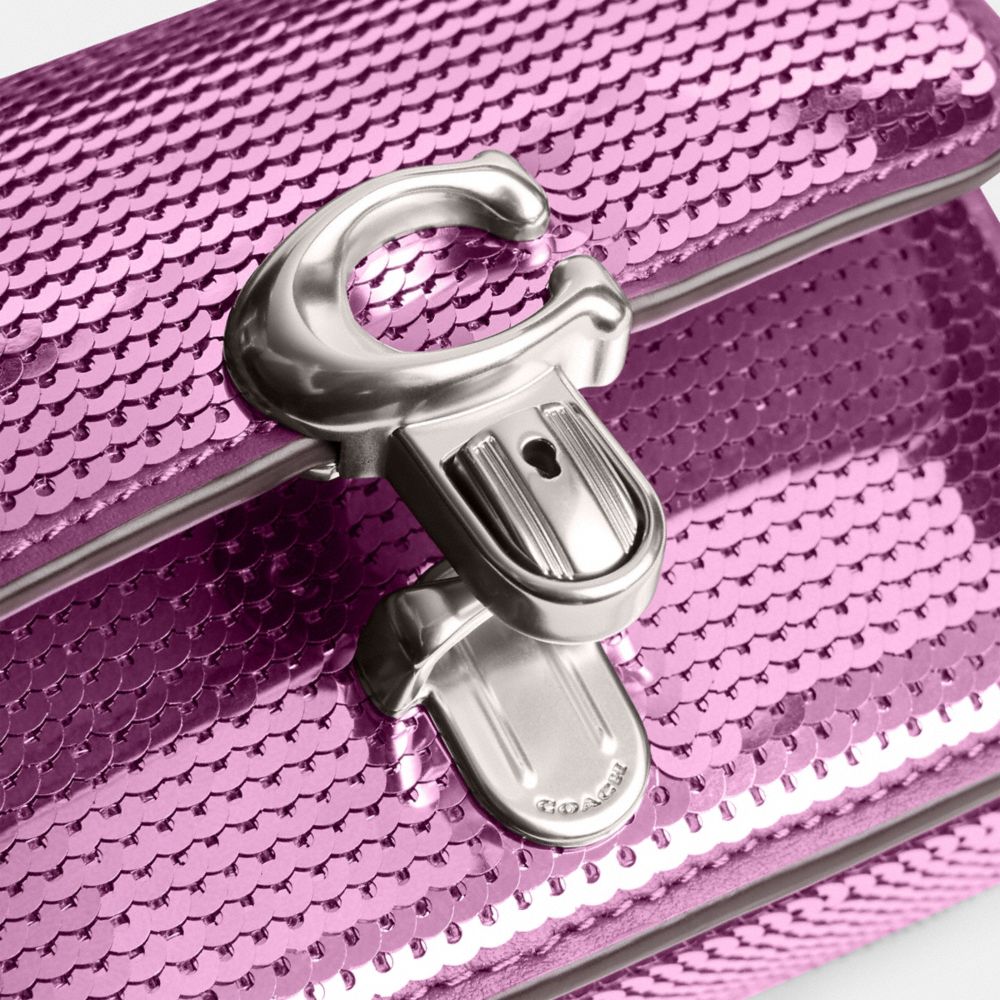 COACH®,Studio Bag 12 With Sequins,Calfskin Leather,Crossbody,Sequin,Embellished,Metal,Logo,Pen Holder,Silver Metal,Party,Metallic,Purple,Closer View