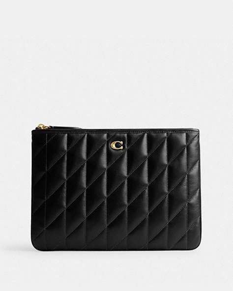 COACH®,POUCH 28 WITH PILLOW QUILTING,Nappa leather,Brass/Black,Front View