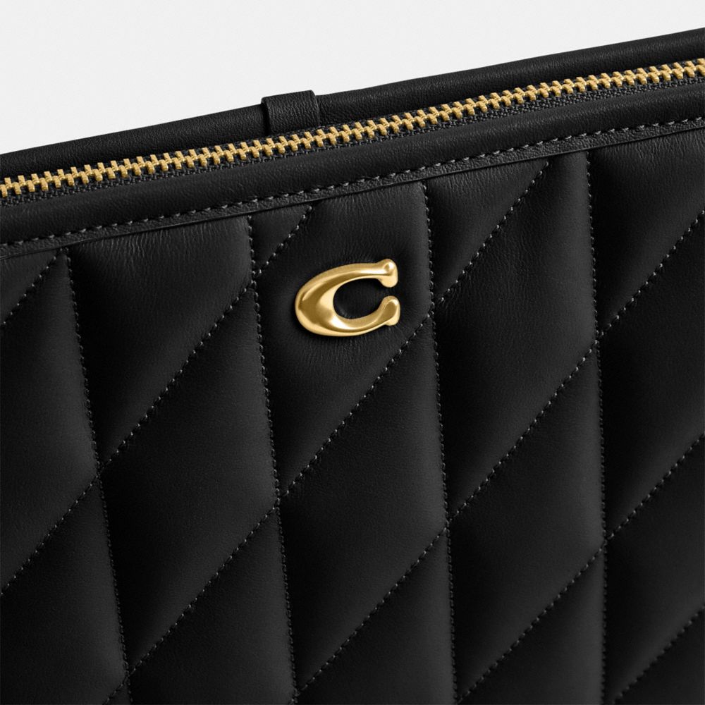 COACH®,Pouch 28 With Pillow Quilting,Leather,Linen,Pouch,Metal,Logo,Casual,Black,Closer View