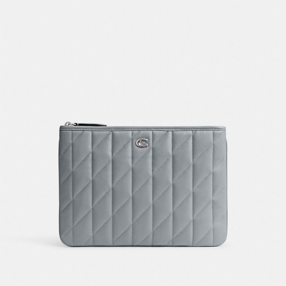 COACH®,POUCH 28 WITH PILLOW QUILTING,Nappa leather,Silver/Grey Blue,Front View