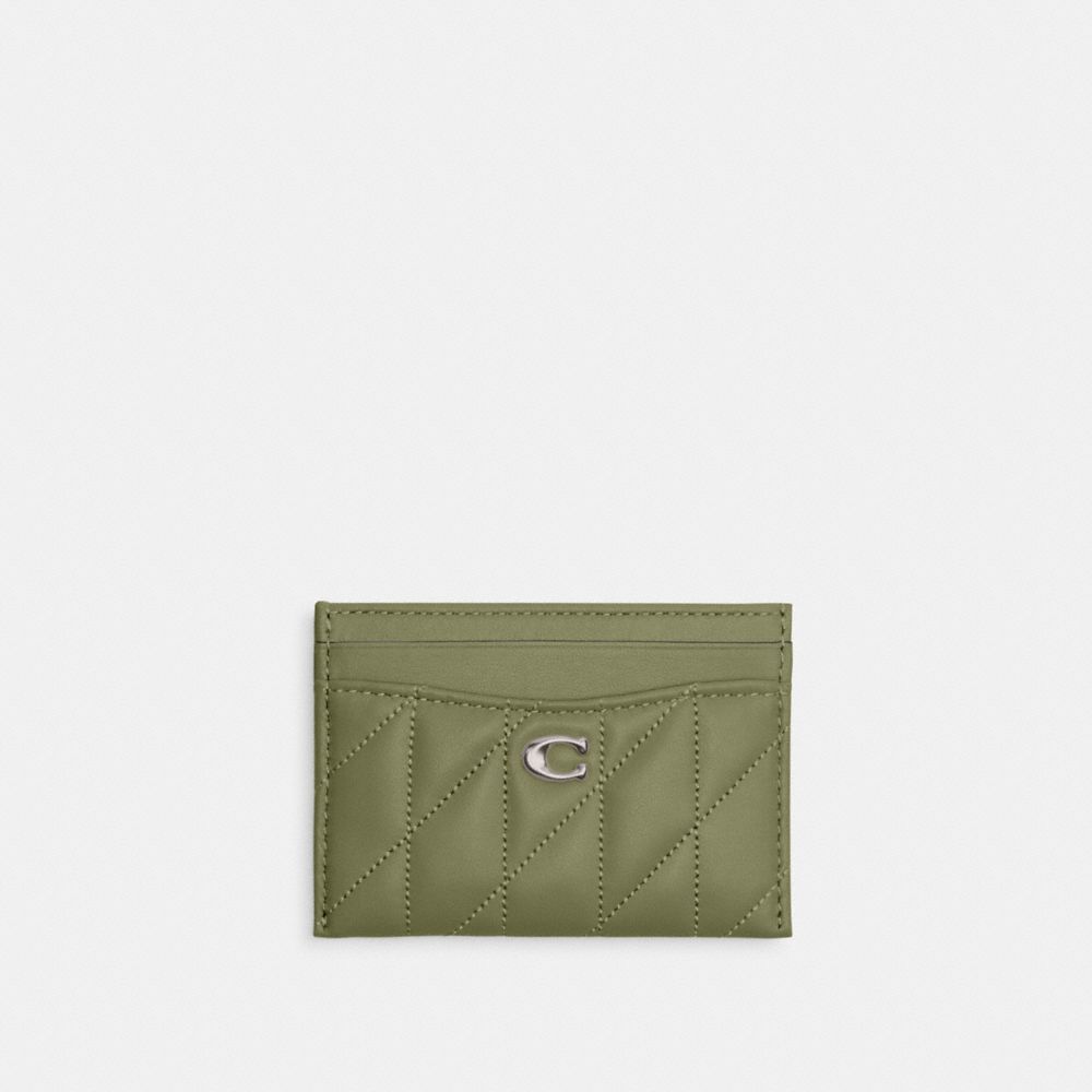 COACH®,ESSENTIAL CARD CASE WITH PILLOW QUILTING,Nappa leather,Light Antique Nickel/Moss,Front View