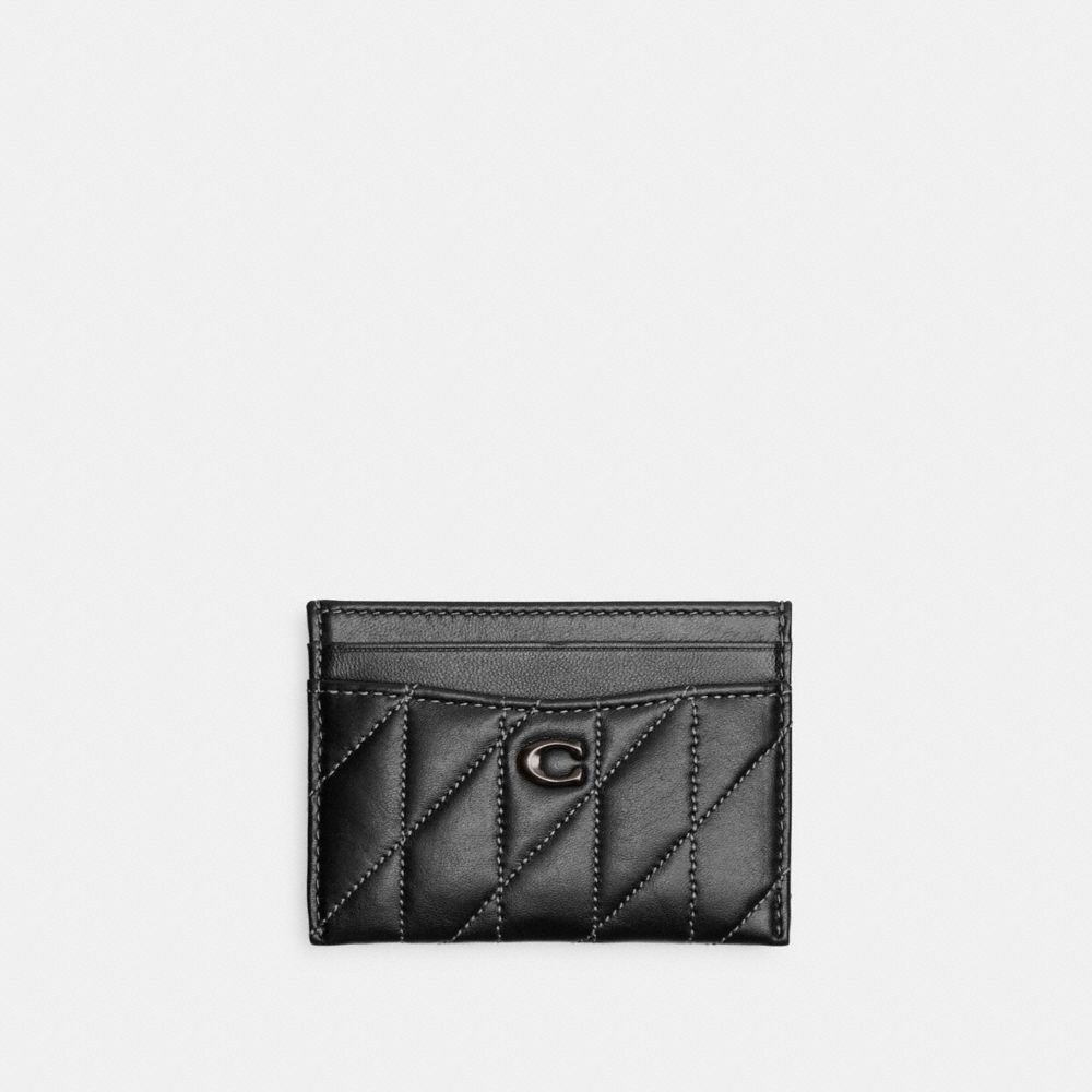 COACH®,Essential Card Case With Pillow Quilting,Leather,Card Case,Logo,Metal,Casual,Black,Front View