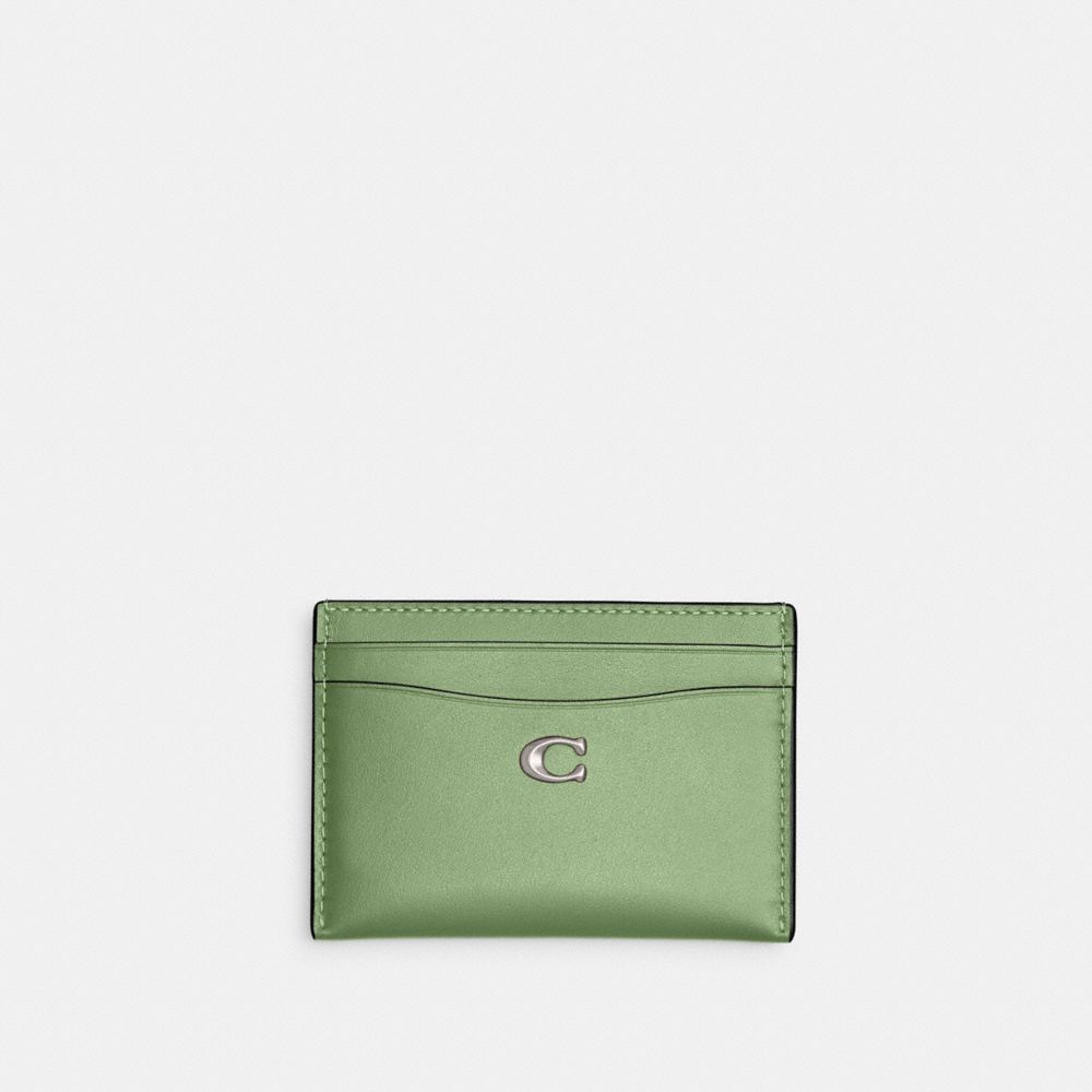 COACH®,ESSENTIAL CARD CASE,Refined Calf Leather,Silver/Pale Pistachio,Front View