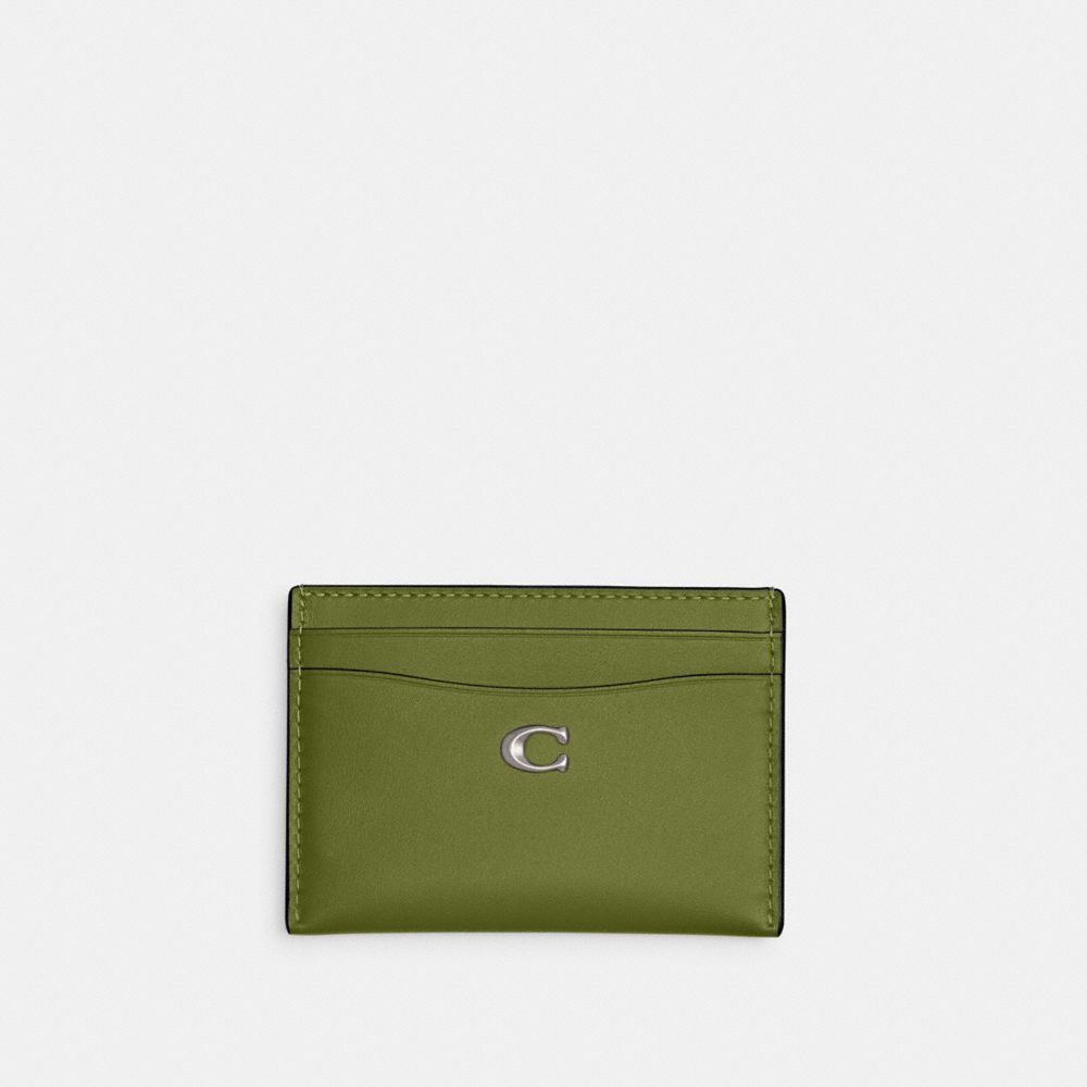 COACH®,ESSENTIAL CARD CASE,Refined Calf Leather,Silver/Dark Lime,Front View