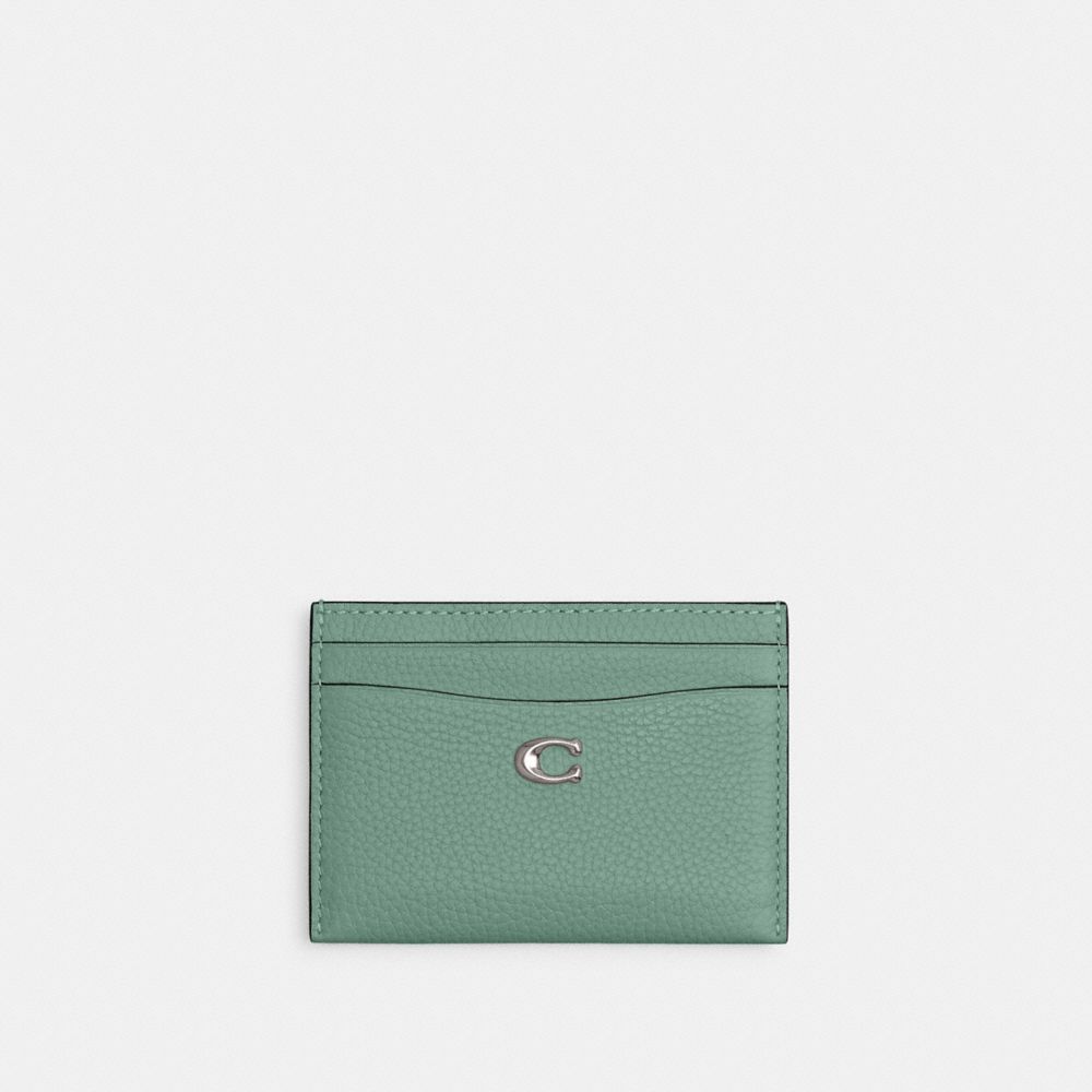 COACH®,ESSENTIAL CARD CASE,Polished Pebble Leather,Silver/Aquamarine,Front View image number 0