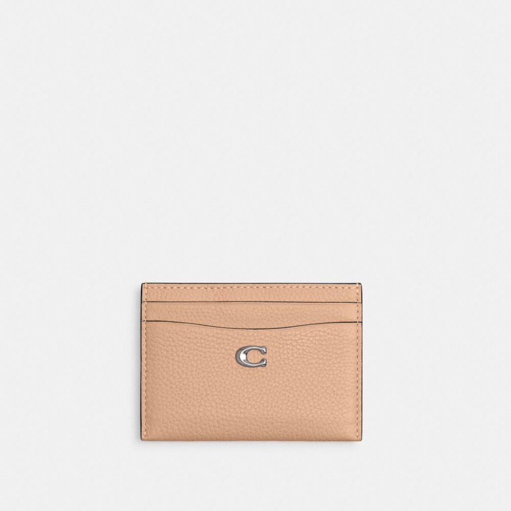 COACH®,ESSENTIAL CARD CASE,Polished Pebble Leather,Silver/Buff,Front View image number 0