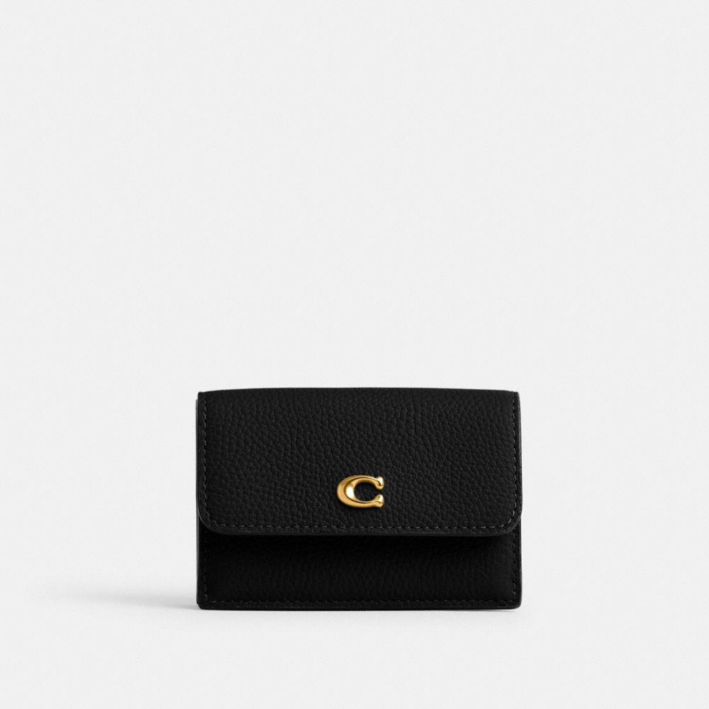COACH®,ESSENTIAL MINI TRIFOLD WALLET,Polished Pebble Leather,Mini,Brass/Black,Front View image number 0