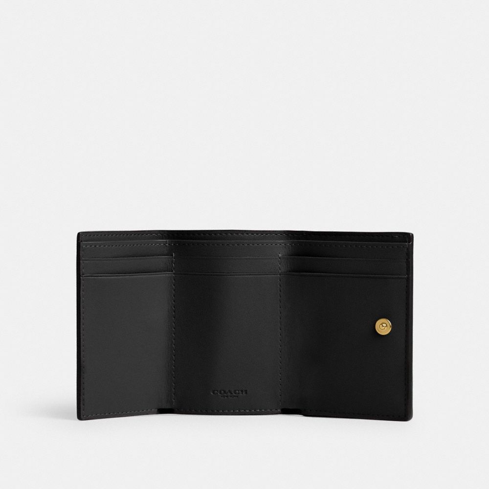 COACH®,ESSENTIAL MINI TRIFOLD WALLET,Polished Pebble Leather,Mini,Brass/Black,Inside View,Top View
