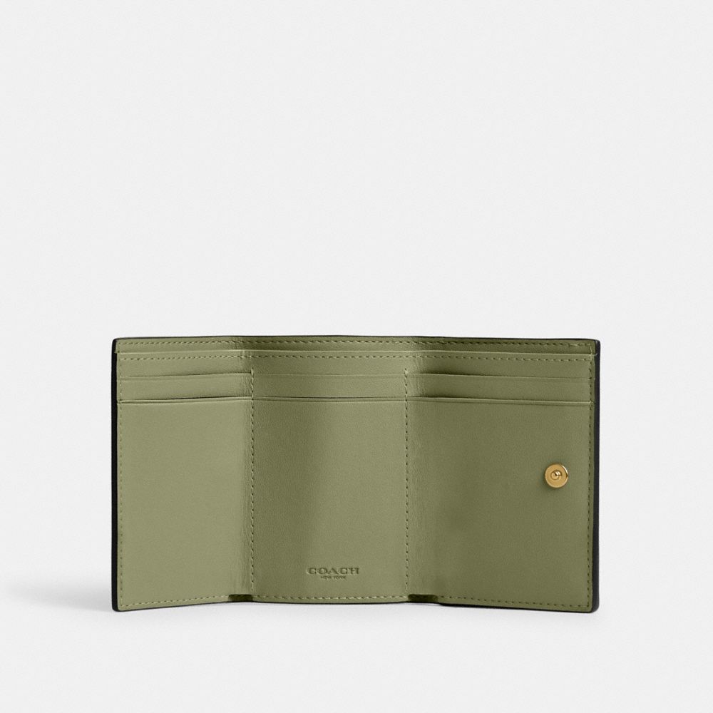 COACH®,ESSENTIAL MINI TRIFOLD WALLET,Polished Pebble Leather,Mini,Brass/Moss,Inside View,Top View