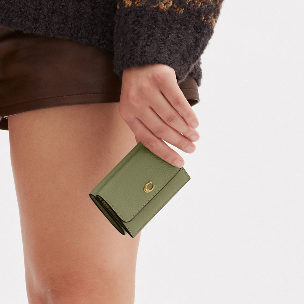 COACH®,Essential Mini Trifold Wallet,Leather,Tri Fold,Metal,Logo,Casual,Olive,Detail View
