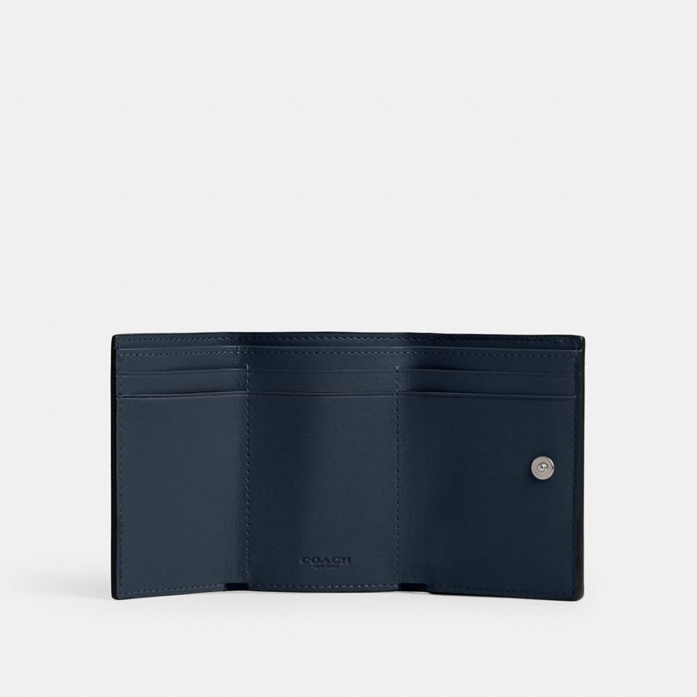 COACH®,Essential Mini Trifold Wallet,Leather,Tri Fold,Metal,Logo,Casual,Navy,Inside View,Top View