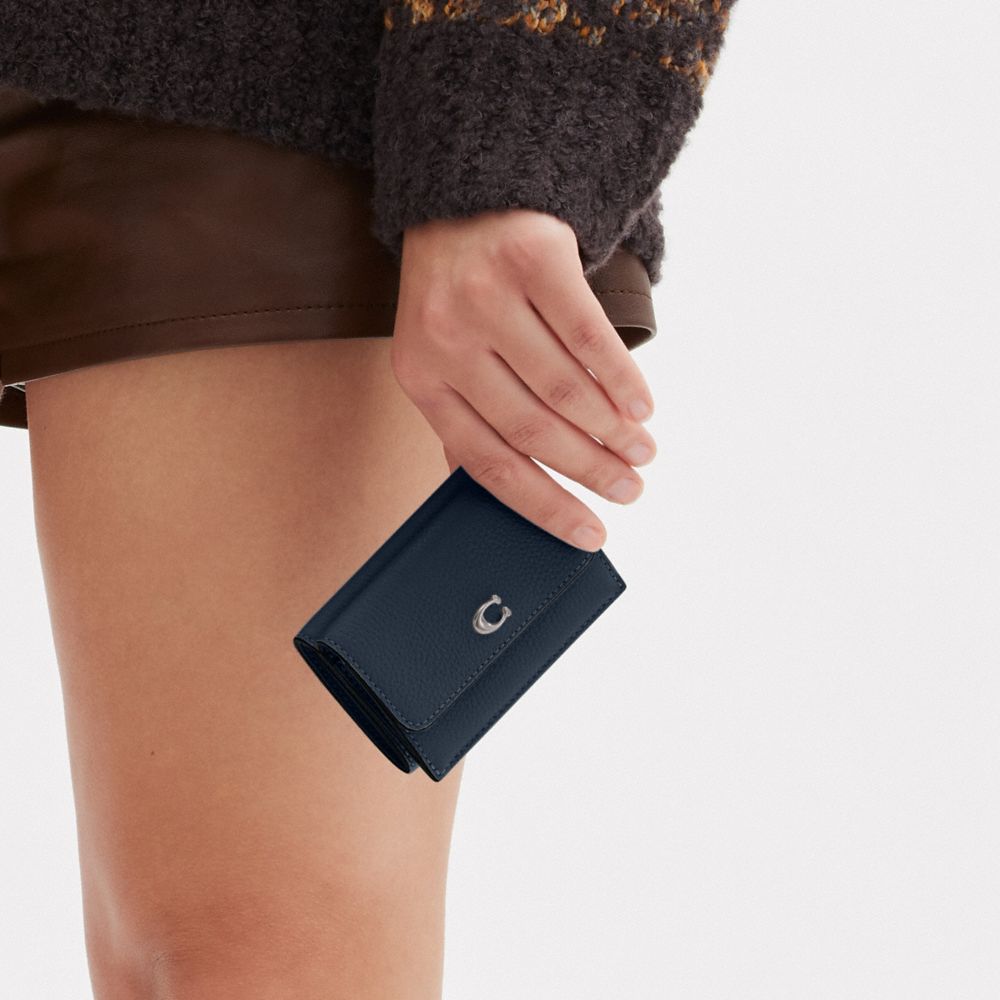 COACH®,Essential Mini Trifold Wallet,Leather,Tri Fold,Metal,Logo,Casual,Navy,Detail View
