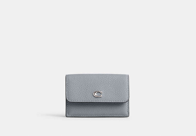 COACH®,ESSENTIAL MINI TRIFOLD WALLET,Polished Pebble Leather,Silver/Grey Blue,Front View image number 0