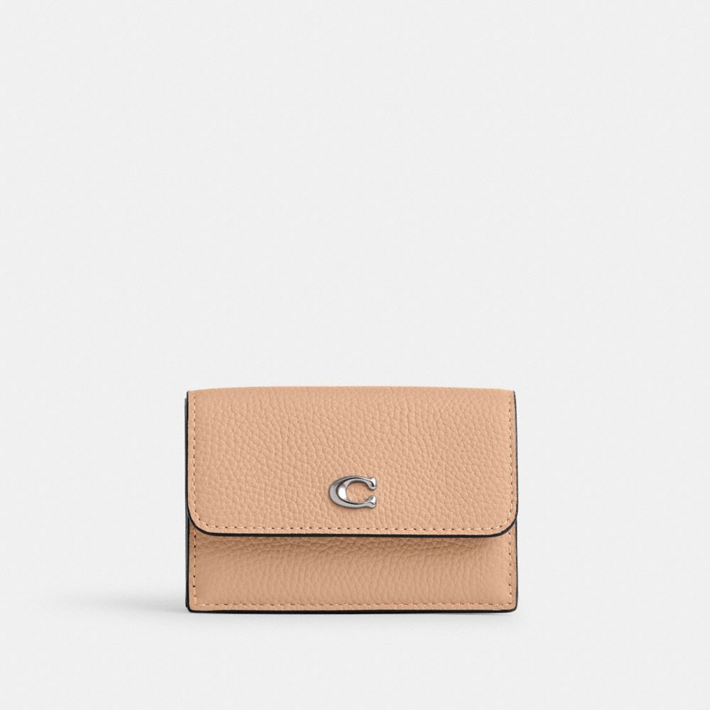 COACH®,ESSENTIAL MINI TRIFOLD WALLET,Polished Pebble Leather,Mini,Silver/Buff,Front View