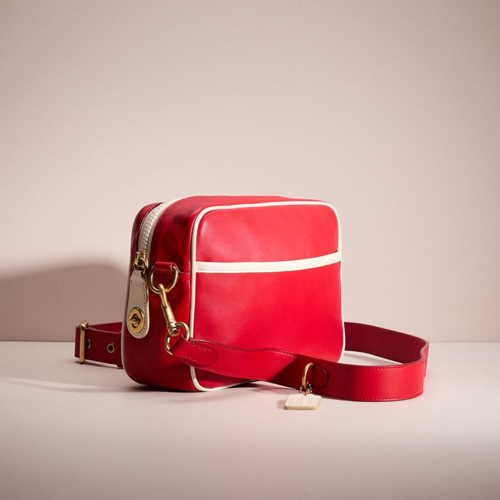 COACH®,Restored Flight Bag,Leather,Crossbody,Piping,Stripe,Casual,Red,Angle View