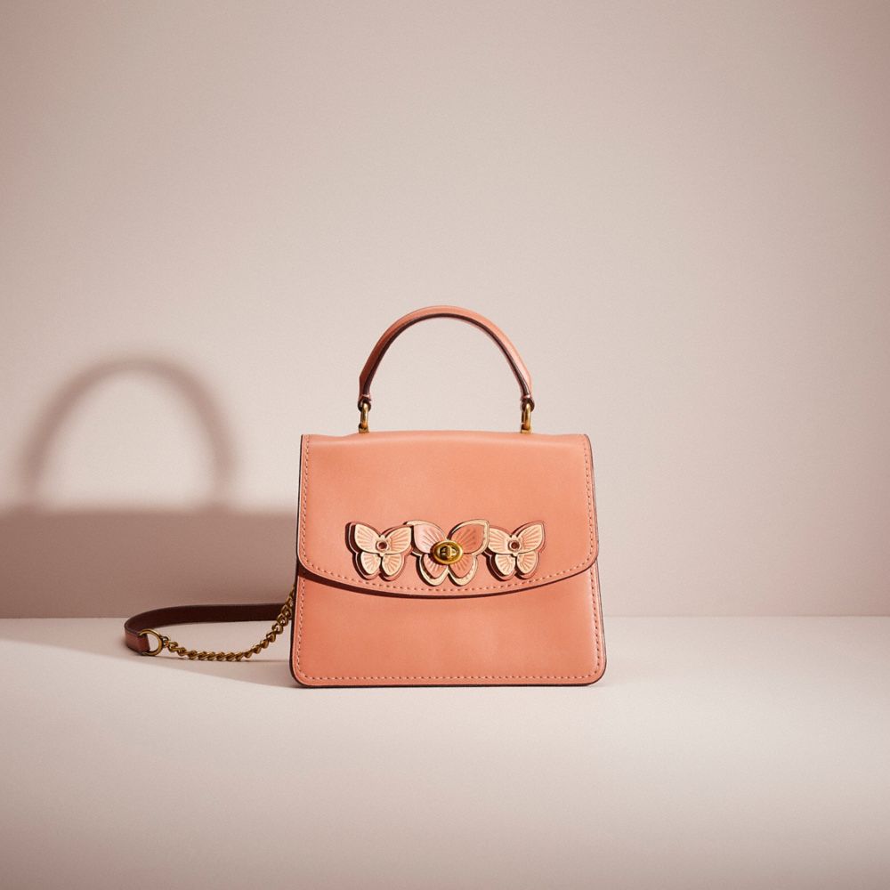 COACH®,RESTORED PARKER TOP HANDLE WITH BUTTERFLY APPLIQUE,Refined Calf Leather,Small,Brass/Light Peach,Front View