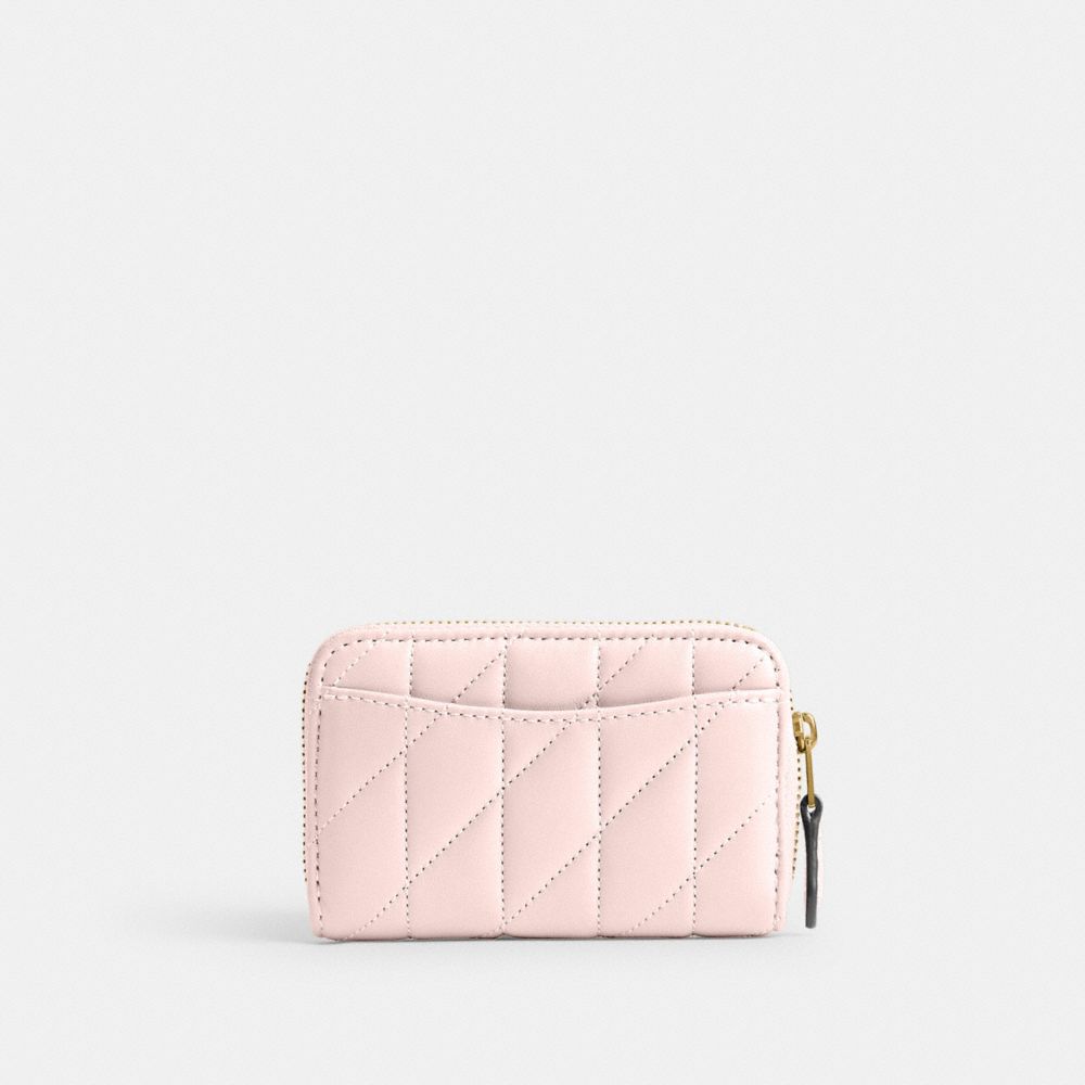 COACH®,Essential Small Zip Around Card Case With Pillow Quilting,Leather,Card Case,Metal,Logo,Gusset,Casual,Pink,Back View