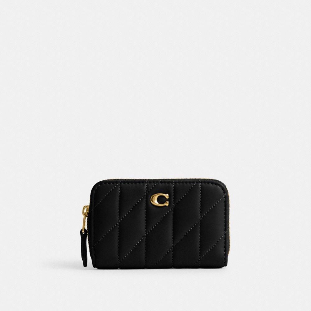 COACH®,SMALL ZIP AROUND CARD CASE WITH PILLOW QUILTING,Nappa leather,Mini,Brass/Black,Front View