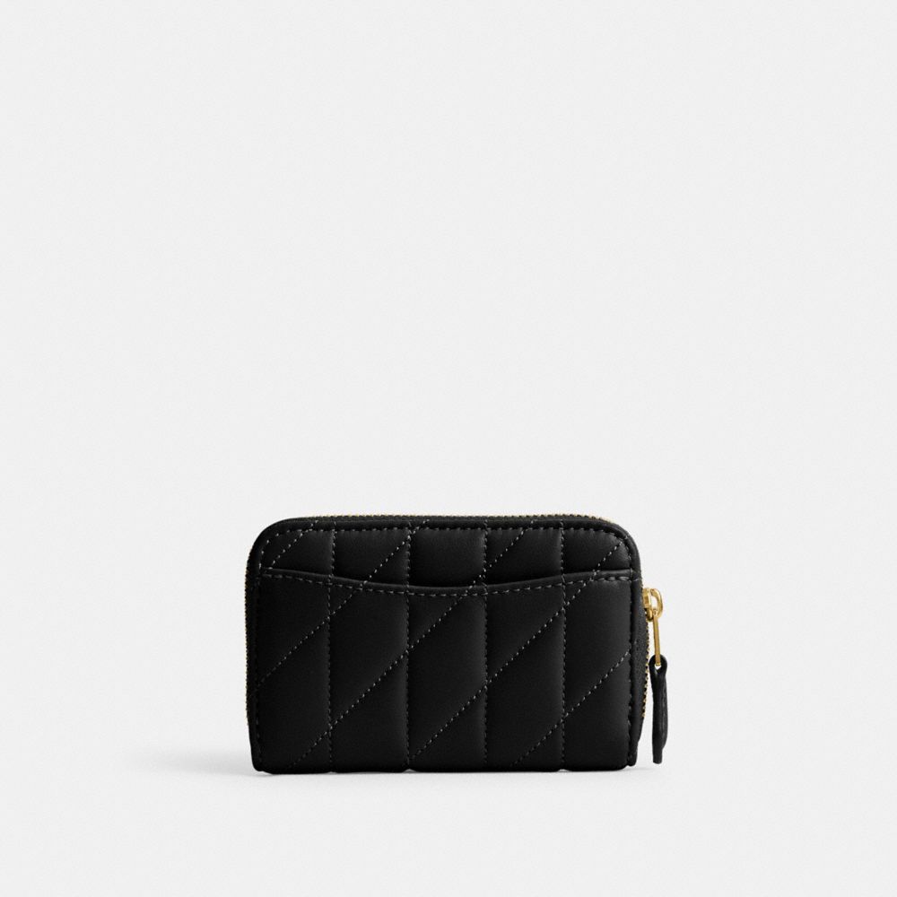 COACH®,SMALL ZIP AROUND CARD CASE WITH PILLOW QUILTING,Nappa leather,Mini,Brass/Black,Back View