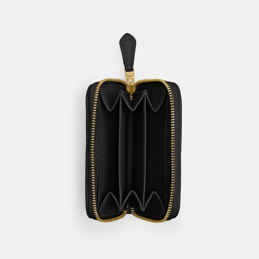 Coach Small Zip Around Card Case With Pillow Quilting In Brass/black
