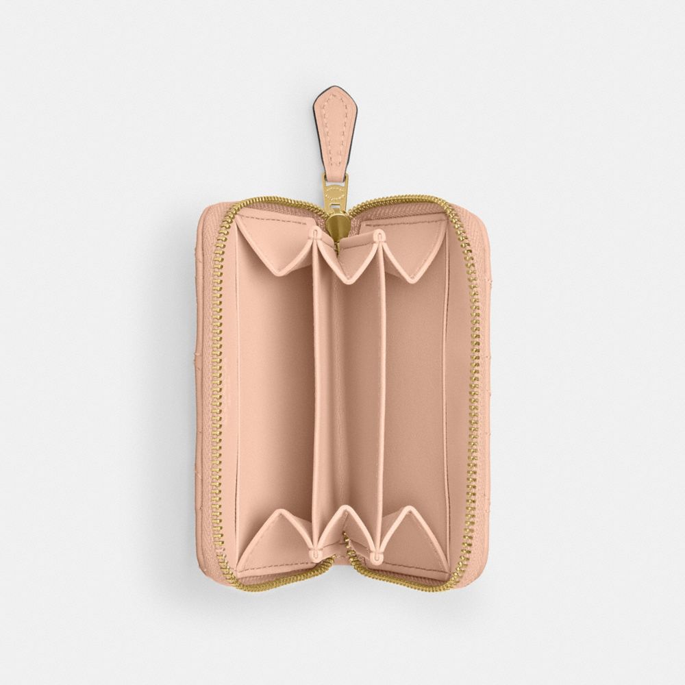 COACH®,Essential Small Zip Around Card Case With Pillow Quilting,Leather,Card Case,Metal,Logo,Gusset,Casual,Pink,Inside View,Top View