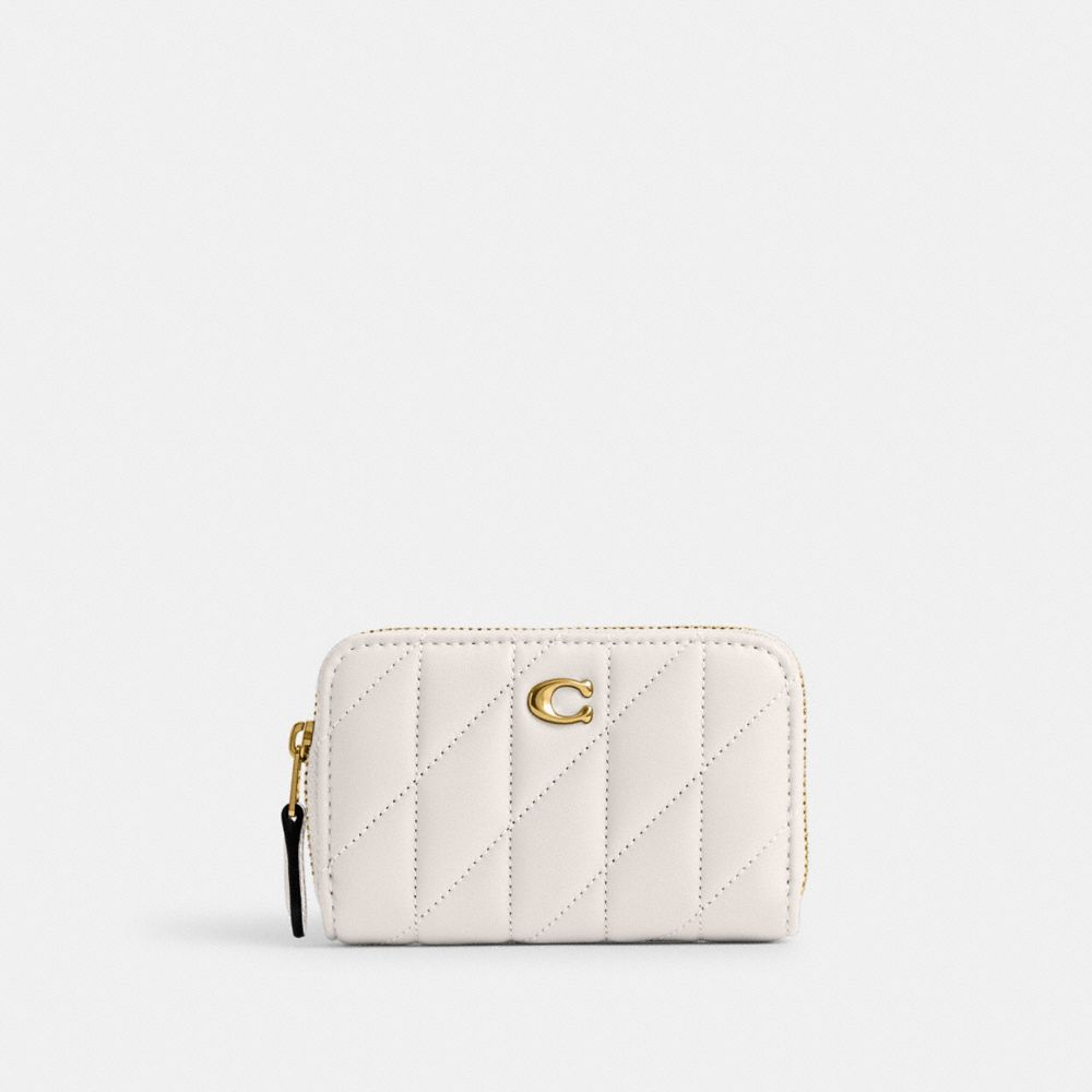 COACH®,Essential Small Zip Around Card Case With Pillow Quilting,Leather,Card Case,Metal,Logo,Gusset,Casual,White,Front View