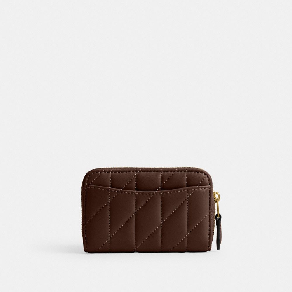 COACH®,Essential Small Zip Around Card Case With Pillow Quilting,Leather,Card Case,Logo,Metal,Gusset,Casual,Brown,Back View