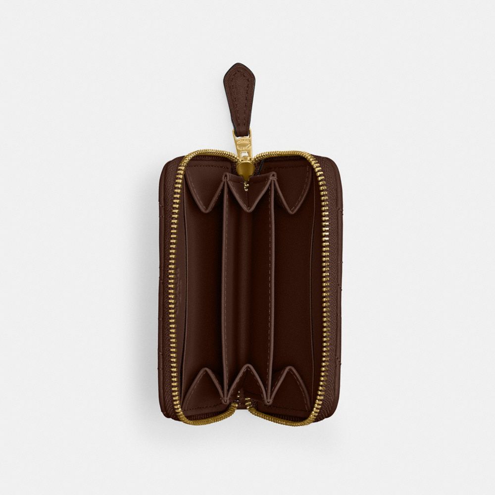 COACH®,Essential Small Zip Around Card Case With Pillow Quilting,Leather,Card Case,Logo,Metal,Gusset,Casual,Brown,Inside View,Top View