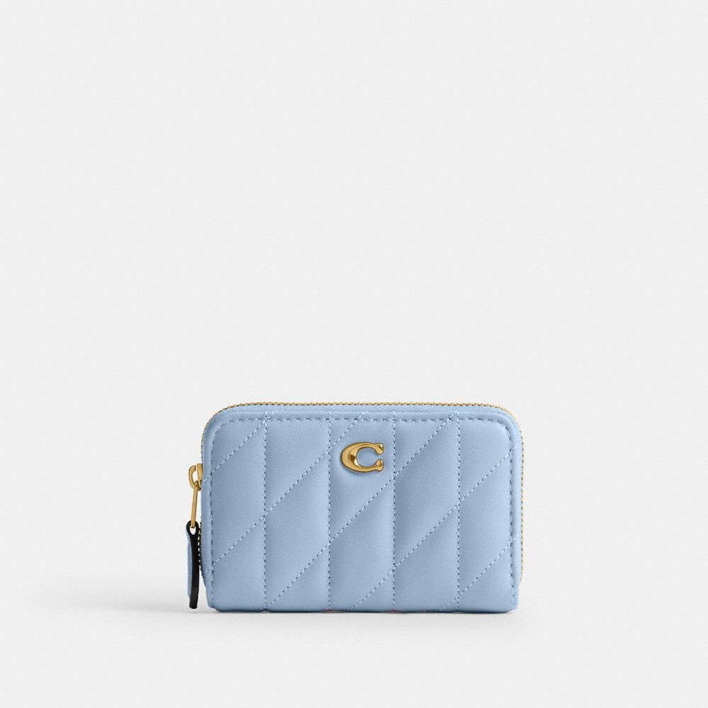 COACH®,Essential Small Zip Around Card Case With Pillow Quilting,Leather,Card Case,Metal,Logo,Gusset,Casual,Blue,Front View