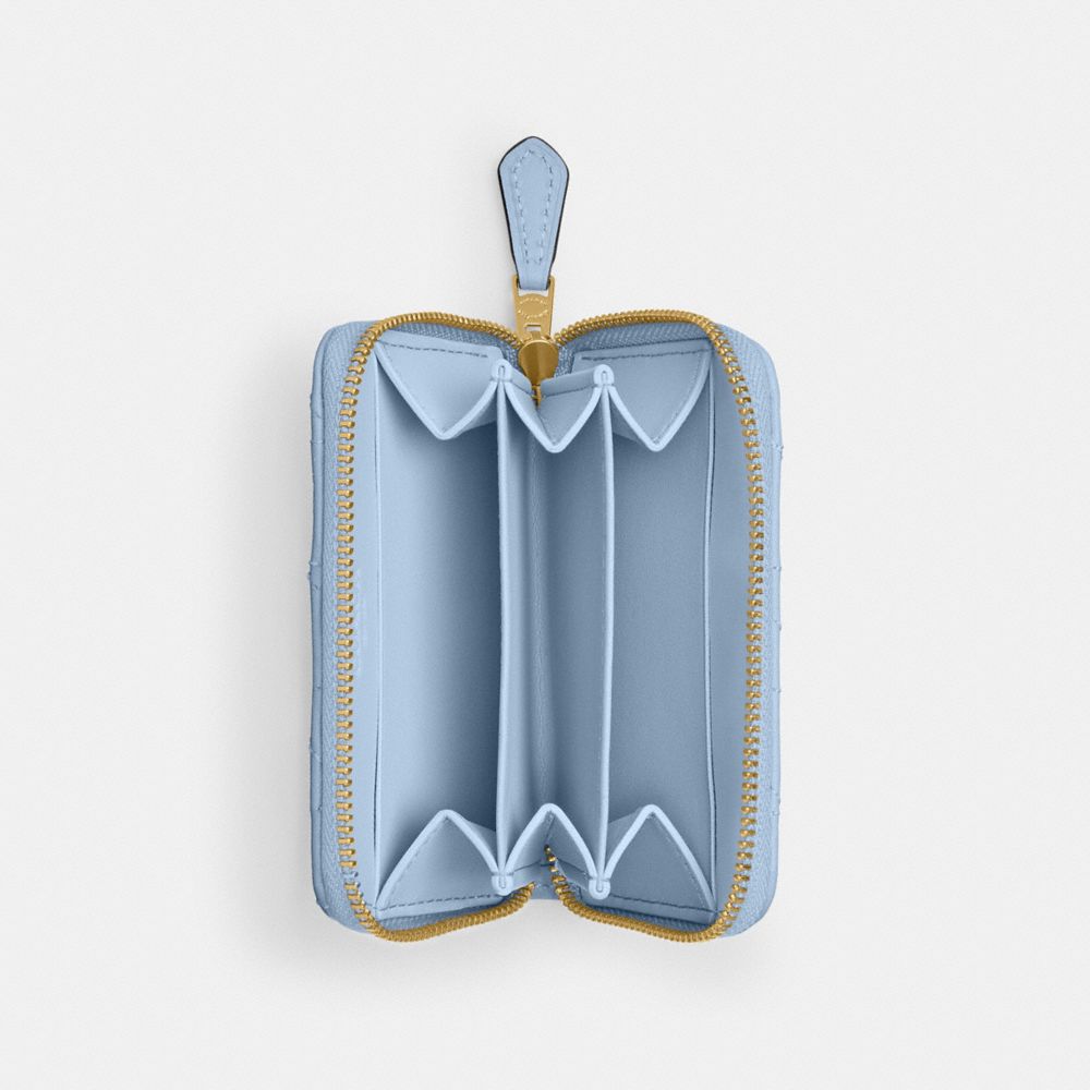COACH®,Essential Small Zip Around Card Case With Pillow Quilting,Leather,Card Case,Logo,Metal,Gusset,Casual,Blue,Inside View,Top View