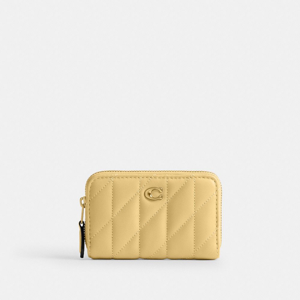 COACH®,Essential Small Zip Around Card Case With Pillow Quilting,Leather,Card Case,Logo,Metal,Gusset,Casual,Yellow,Front View