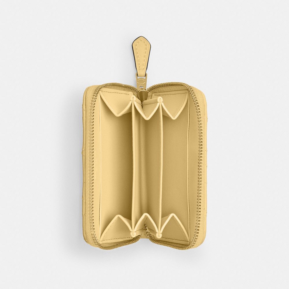 COACH®,Essential Small Zip Around Card Case With Pillow Quilting,Leather,Card Case,Metal,Logo,Gusset,Casual,Yellow,Inside View,Top View