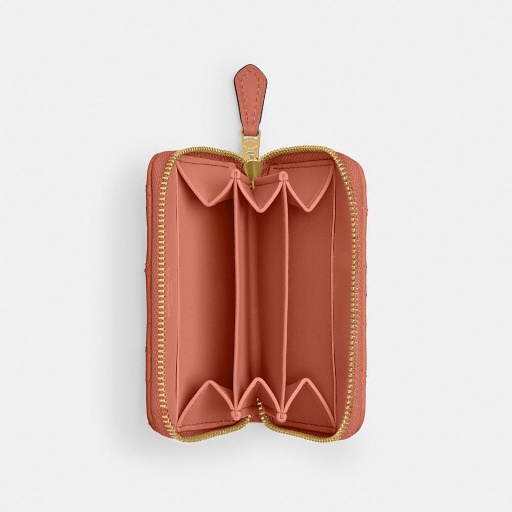 COACH®,Essential Small Zip Around Card Case With Pillow Quilting,Leather,Card Case,Metal,Logo,Gusset,Casual,Brown,Inside View,Top View