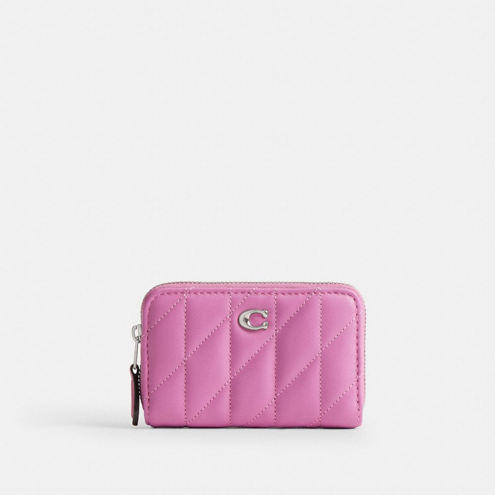 COACH®,Essential Small Zip Around Card Case With Pillow Quilting,Leather,Card Case,Logo,Metal,Gusset,Casual,Pink,Front View