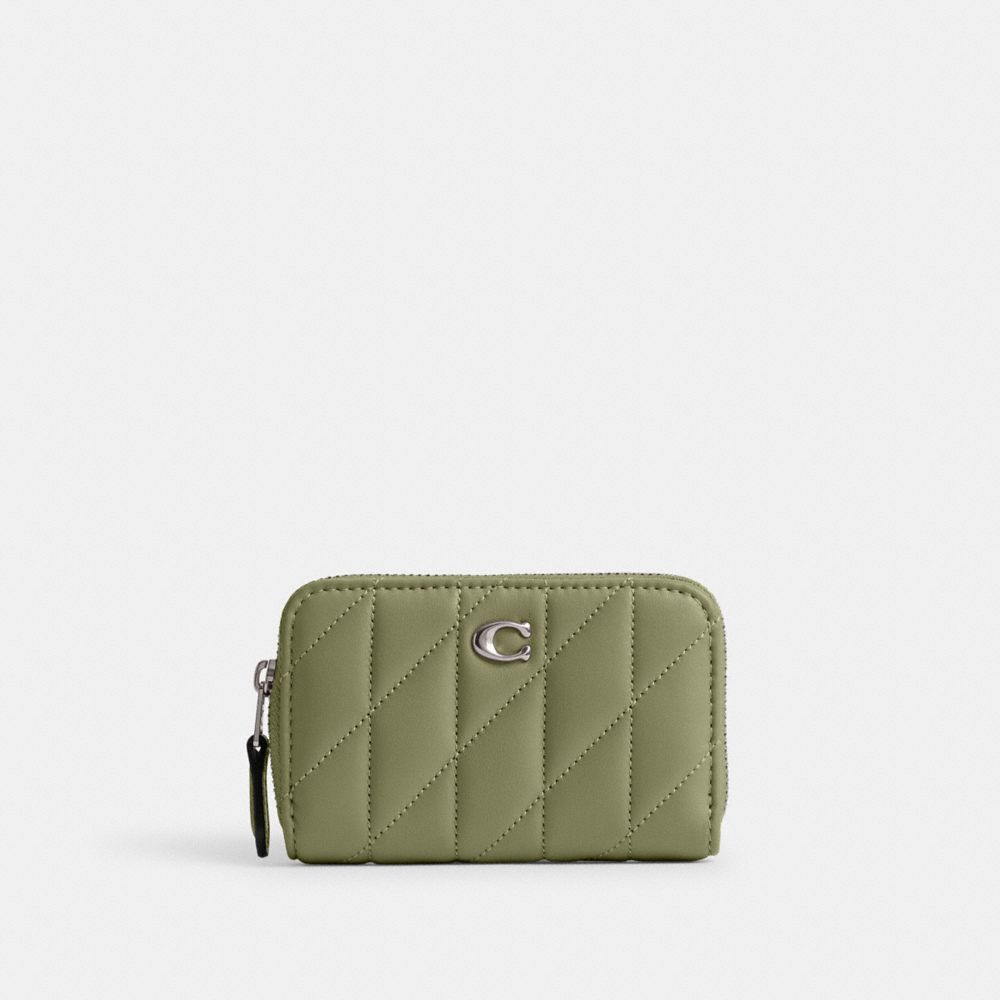 COACH®,SMALL ZIP AROUND CARD CASE WITH PILLOW QUILTING,Nappa leather,Mini,Light Antique Nickel/Moss,Front View