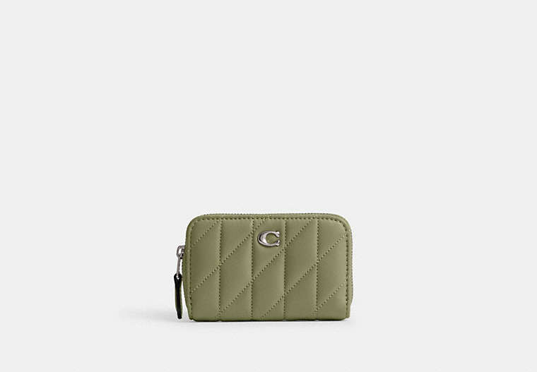 COACH®,SMALL ZIP AROUND CARD CASE WITH PILLOW QUILTING,Nappa leather,Mini,Light Antique Nickel/Moss,Front View