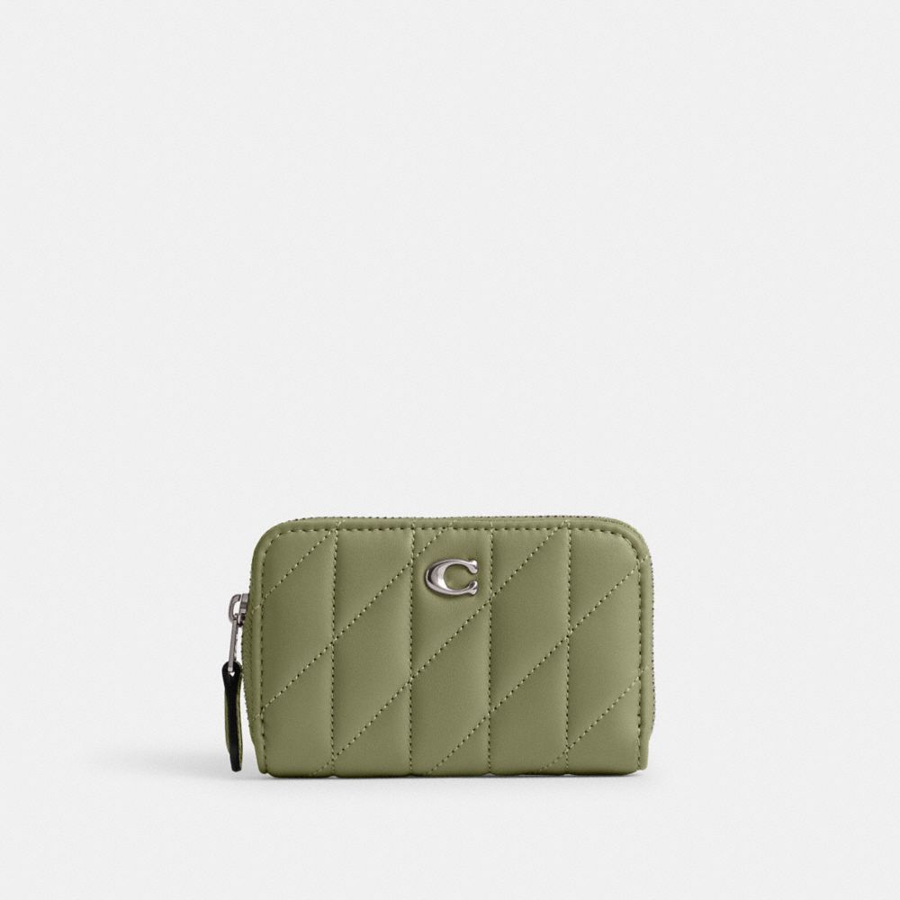 Coach Small Zip Around Card Case With Pillow Quilting In Light Antique Nickel/moss