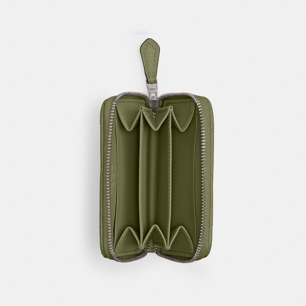 COACH®,Essential Small Zip Around Card Case With Pillow Quilting,Leather,Card Case,Metal,Logo,Gusset,Casual,Olive,Inside View,Top View