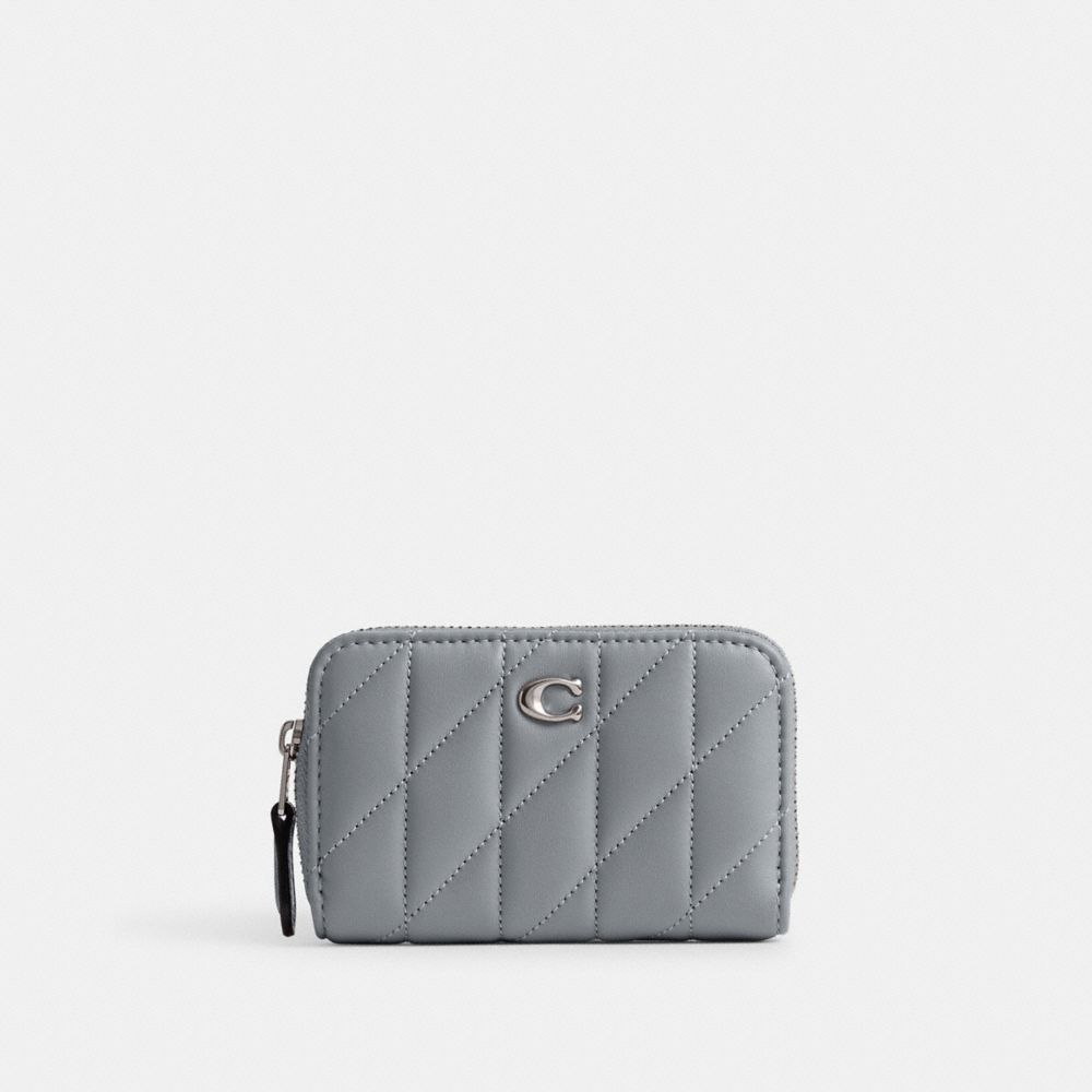 COACH®,SMALL ZIP AROUND CARD CASE WITH PILLOW QUILTING,Nappa leather,Mini,Silver/Grey Blue,Front View