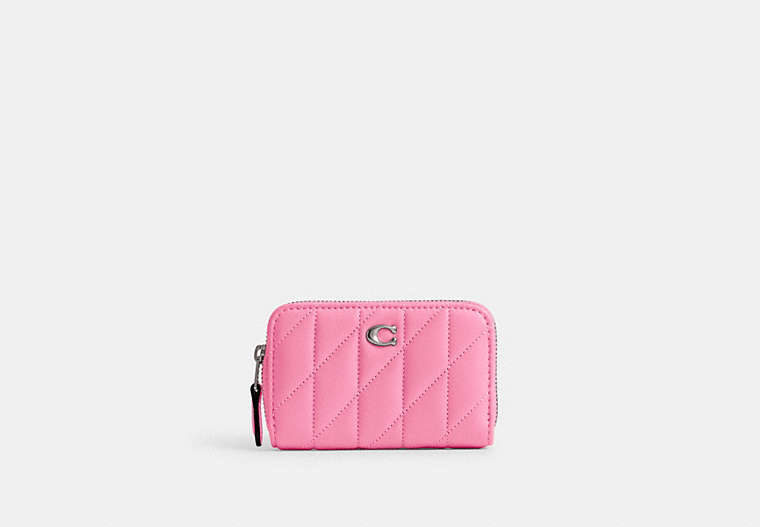 COACH®,SMALL ZIP AROUND CARD CASE WITH PILLOW QUILTING,Nappa leather,Mini,Silver/Petunia,Front View